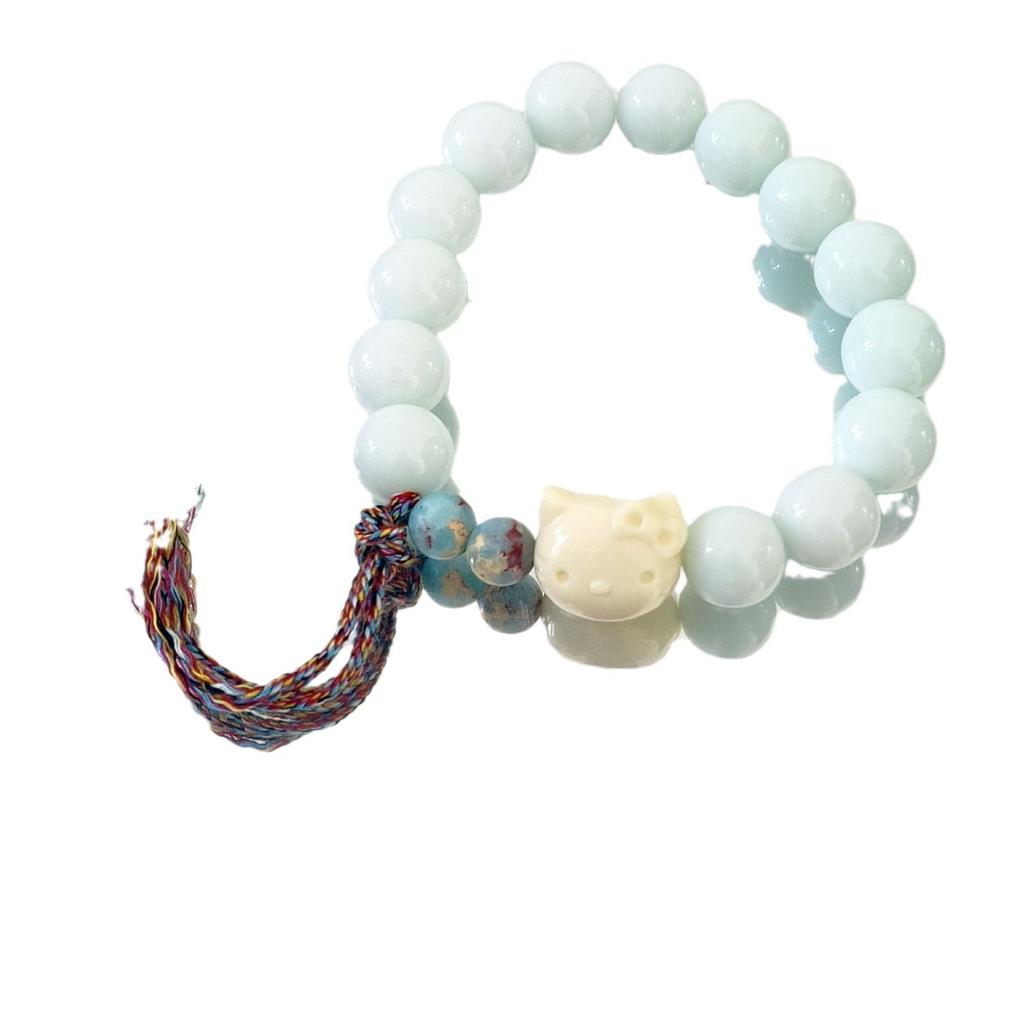 Handmade White Jade & Bodhi Root Bracelet with Cute Cat Design and Braided Rope