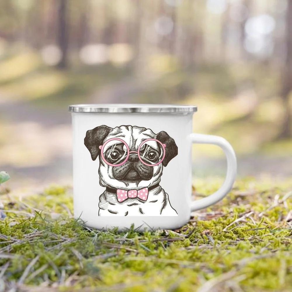 French Bulldog Print Mugs Creative Coffee Cup Drink Milk Beer Cup Camping Camfire Enamel Mugs Handle Drinkware Gift for Dog Love
