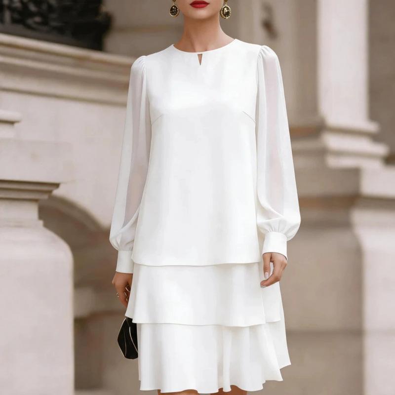Women's Puff Sleeve Round Neck Dress for Elegant Casual Wear