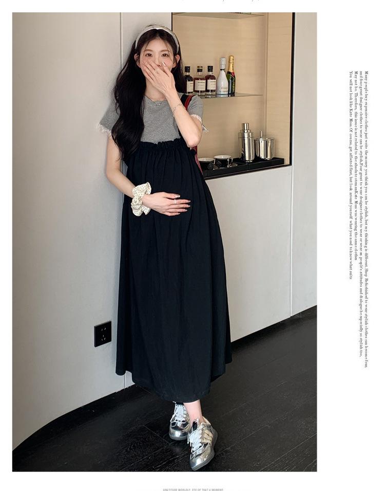 Summer 2026 Maternity Elastic Pleated Strap Dress & Lace Patchwork T-shirt Set