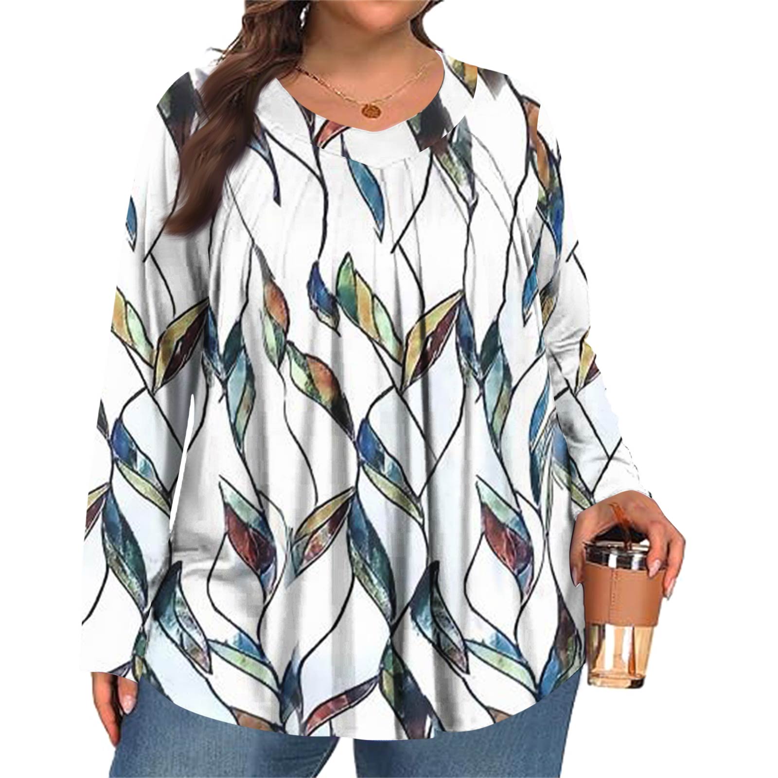 

Женский модный топ большого размера с принтом, повседневный плиссированный, с круглым вырезом и длинными рукавами XXXXL