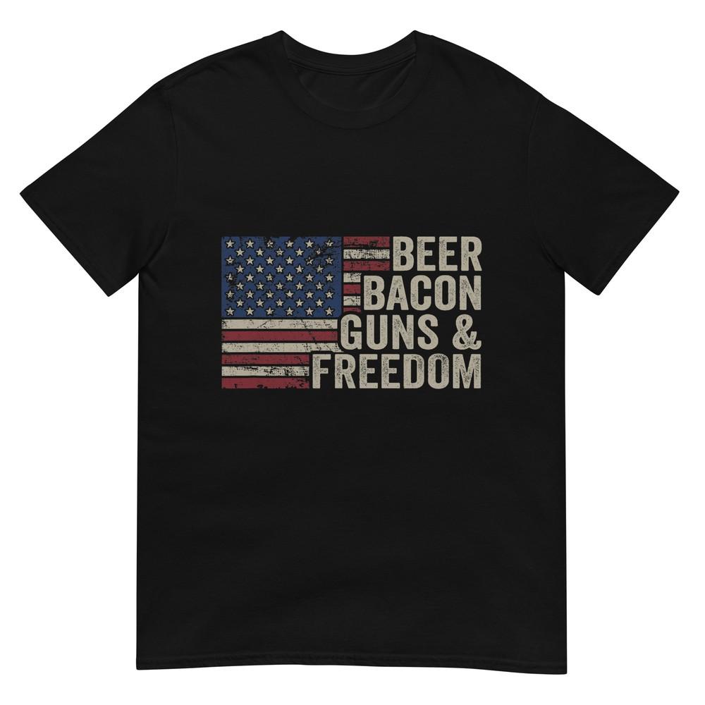 BEER BACON GUNS and FREEDOM - BBQ Vintage USA Flag Drinking T-Shirt, Black, Small