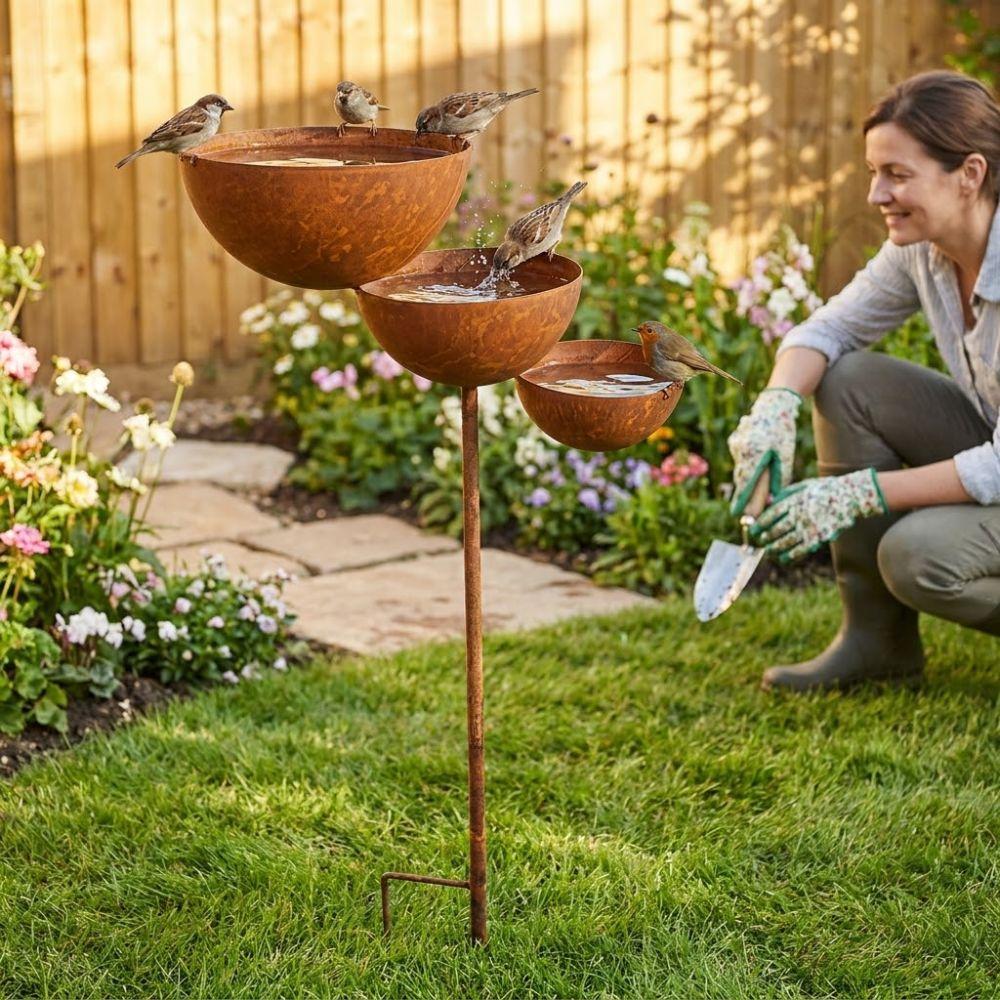 Vintage Iron 3-Tier Metal Bird Bath Ground Stakes Bird Water Dispenser Lawn Decor
