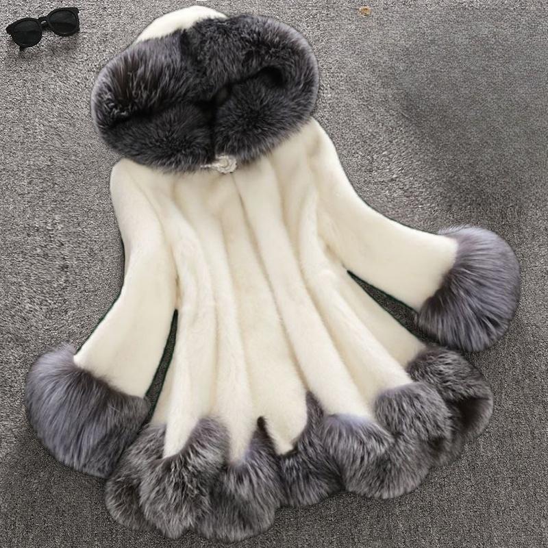 Höst och Vinter Plus Size Pälsrock Rock Dam Mellanlång Minkhår Rävpäls Krage Imitationspäls Damrock