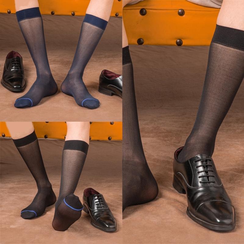 Mens Nylon Sheer Thin Suit Socks Business Dress Socks Blue Striped See Through Formal Dress Over the Calf Stockings