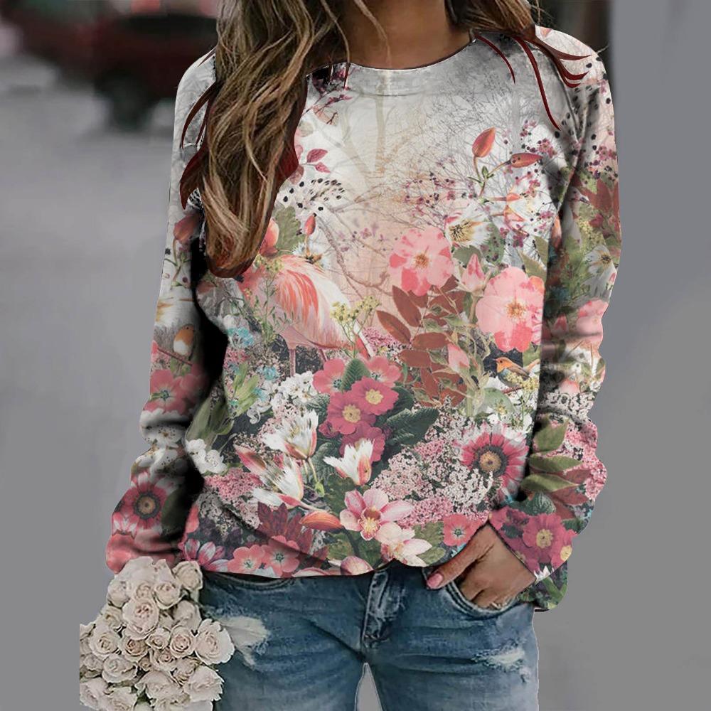 New Loose Casual 3D Floral Print Pattern Women's Round Neck Long Sleeved T-shirt