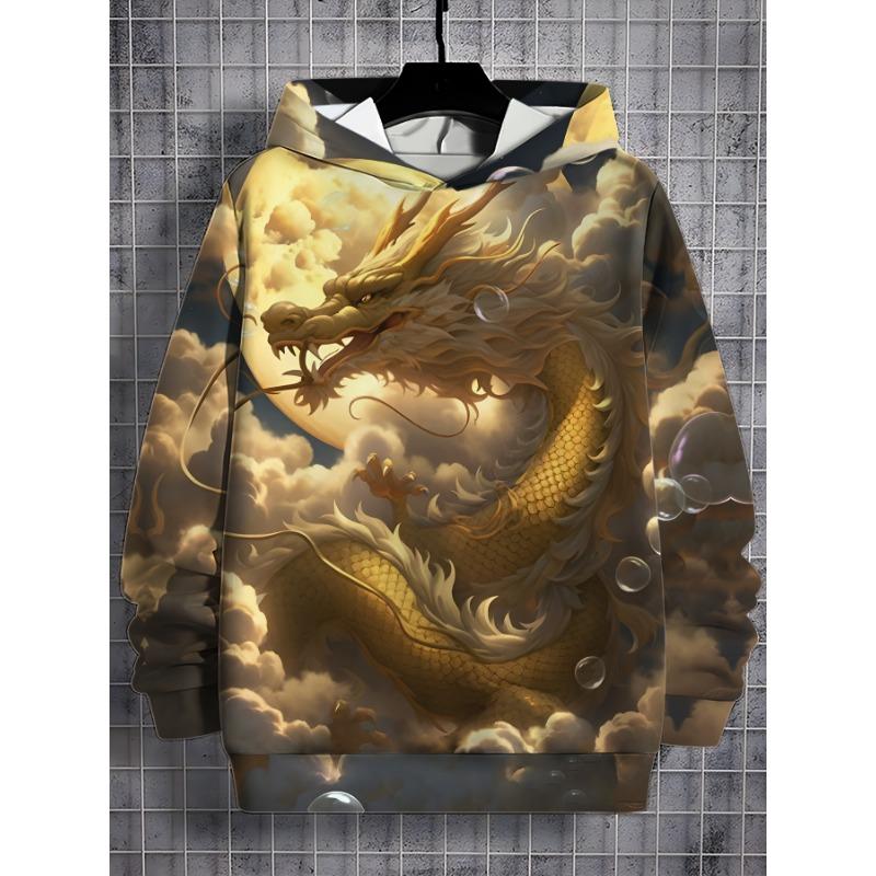 Pánské módní mikiny s kapucí 3D potisky Dračí plamen Mikina Stahovací šňůrka Sportovní oblečení Topy s dlouhým rukávem Ležérní pánské oblečení