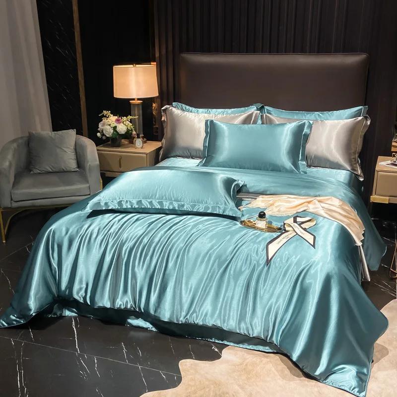 Conjunto de Roupa de Cama Nórdico 100% Seda com Capa de Edredom Lençol Fronha Luxo Casal Solteiro Casal Verão Liso Rainha Rei Lençol