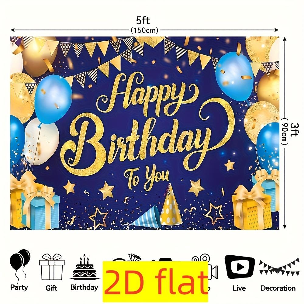Banner de Cumpleaños Feliz 2D Azul Dorado Tablero de Fondo para Decoración de Cumpleaños de Hombres