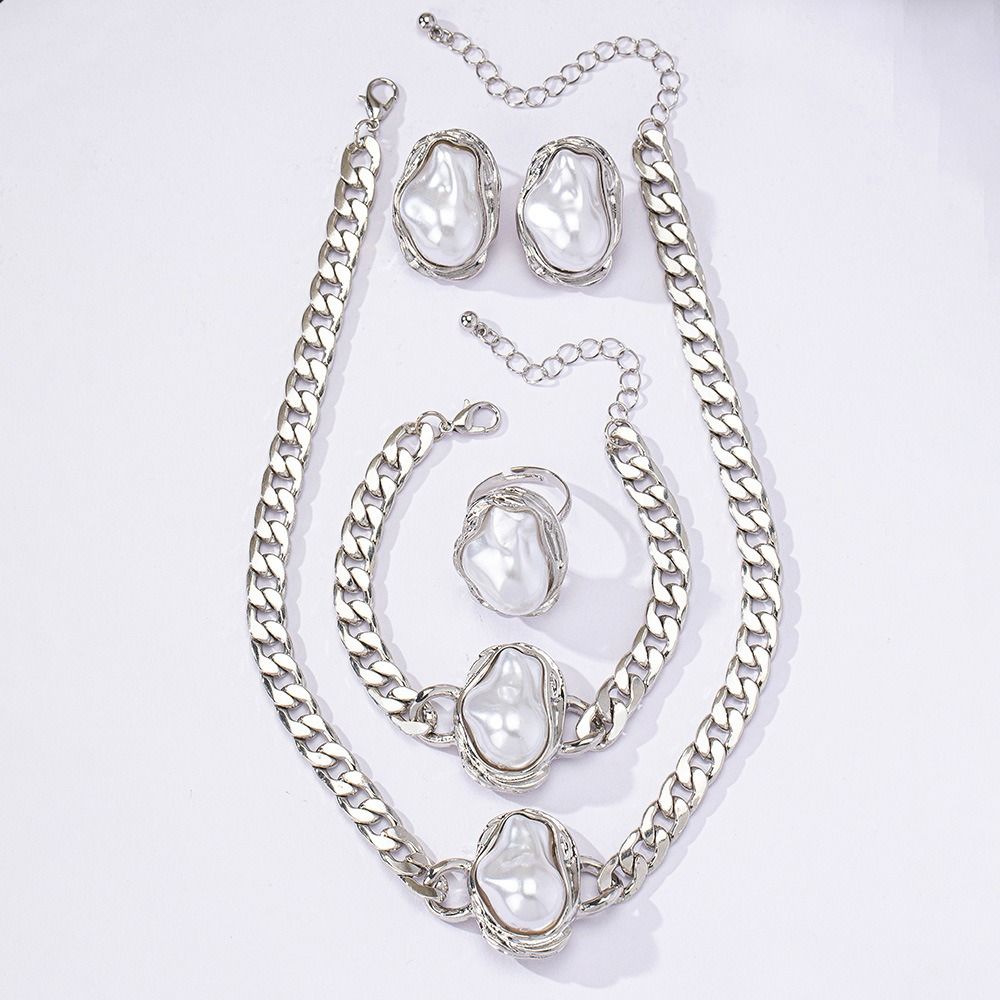 5Pcs Irregular Vintage Jewelry Suit Pearl Necklace Bracelet Ring Suit Clavicle Chain Set  Girls