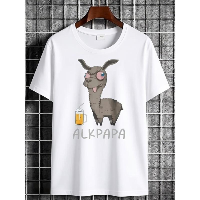 Casual Black T-Shirt Featuring a Graphic of an Alpaca Enjoying a Beer Along with The Word 'Alpaca'