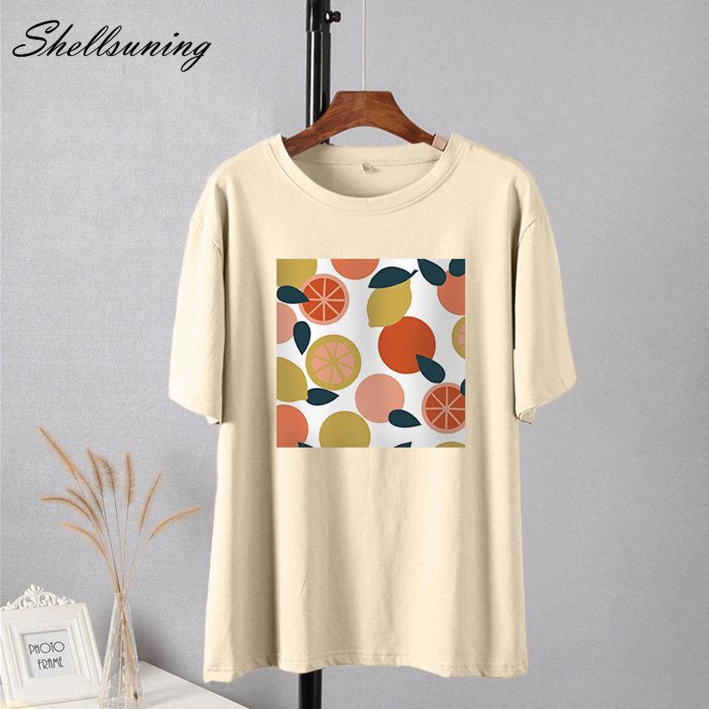 Shellsuning Casaul Kawaii Fruit Printed T Shirt Women Loose O Neck Short Sleeve Base Tees Female Simple Cotton Trendy White Tops