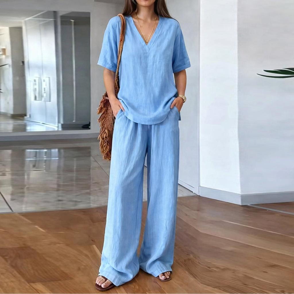 Women Casual V Neck Pullover Short Sleeve Top with Long Pants Set Made of Washed Cotton Comfortable Loose Fit Relaxed Style