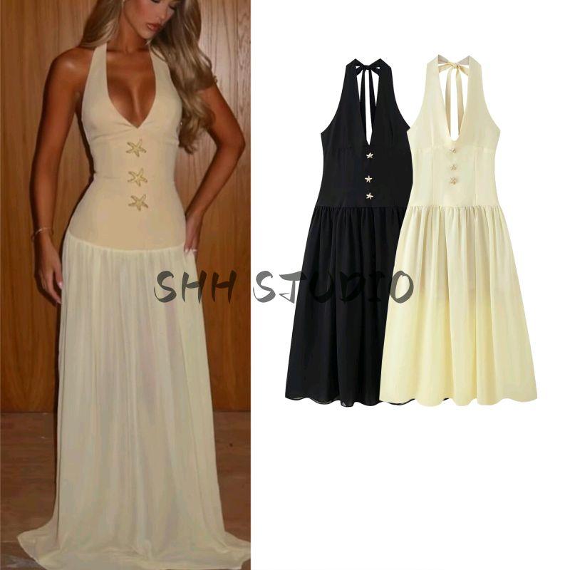 Summer Women clothes Holiday Style Loose Big Hemline Starfish Decoration V-neck Sleeveless High Waist Long Patchwork Dress