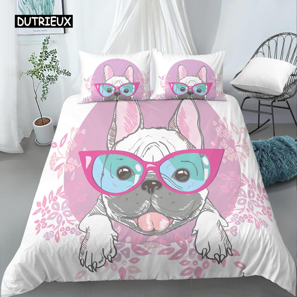 Cartoon Mops Königin König Doppel Ganz Bettbezug Liebliches Welpen Bettwäsche-Set Haustier Tier Steppdeckenbezug Gelb Polyester Bettdeckenbezug