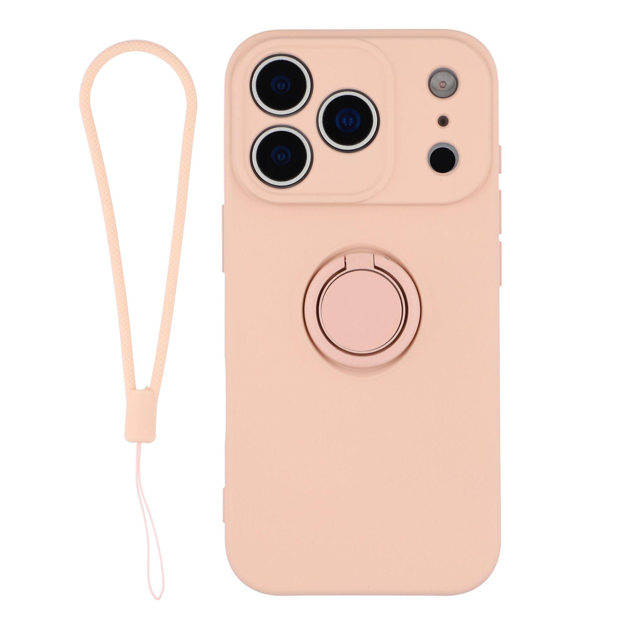 

For iPhone 17 Pro Silicone Case with Strap Ring Kickstand Phone Cover Pink