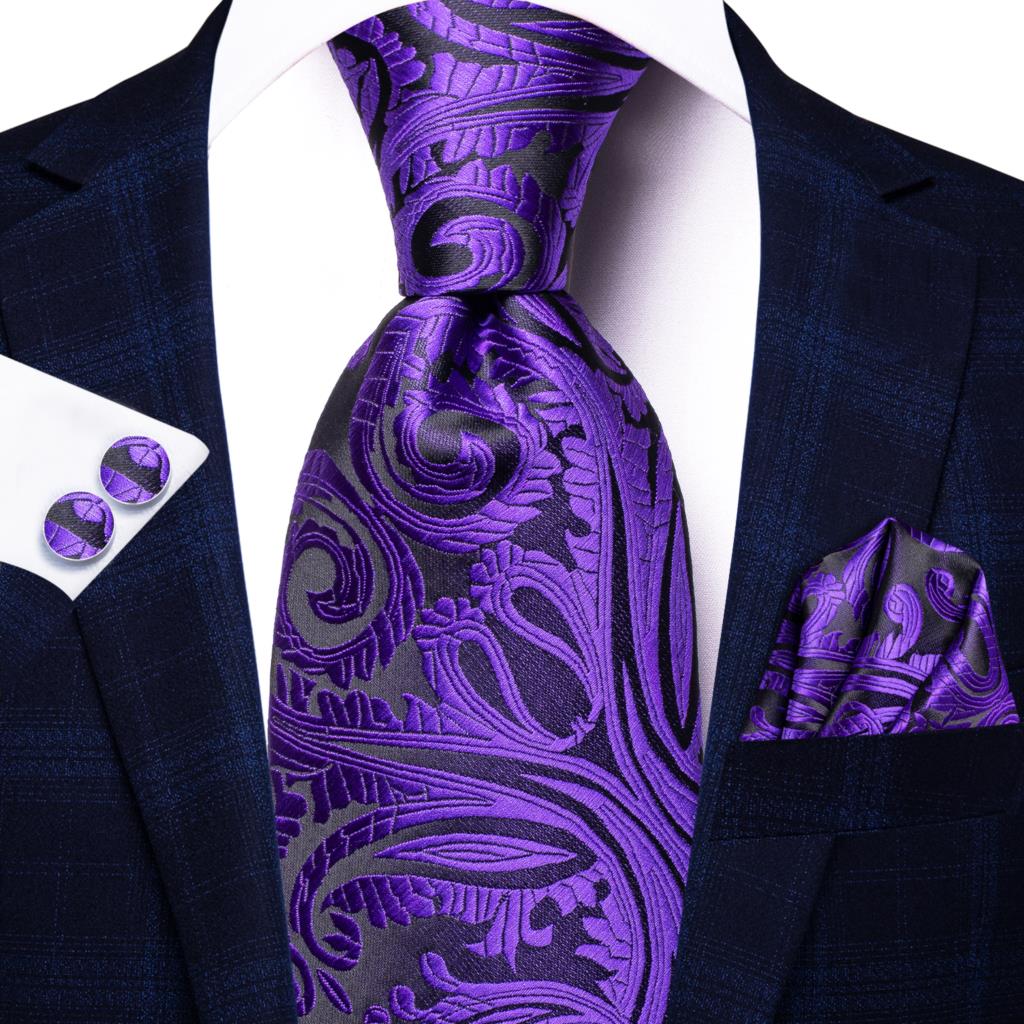 Hi-Tie Viola Unito Paisley Seta Cravatta da Matrimonio per Uomo Design Novità Fazzoletto Gemelli Regalo Set Cravatta Uomo Festa Business Dropshipping