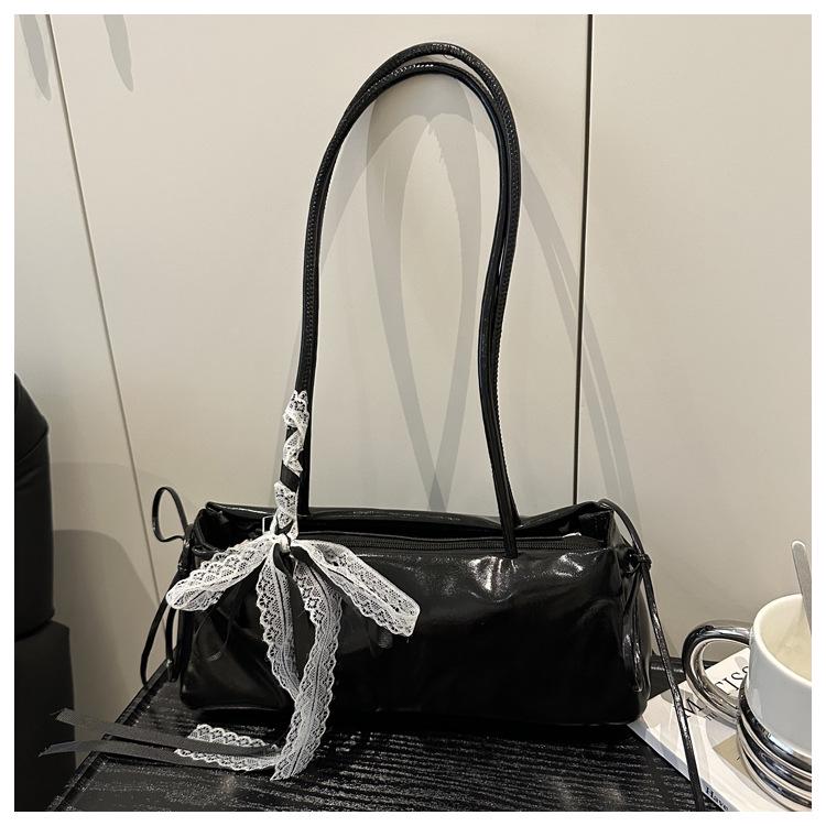 2025 New Oil Wax Leather Bowknot Baguette Bag for Women - Spring/Summer Fashion Simple Texture Underarm Shoulder Bag