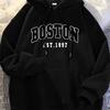 Men's Autumn and Winter Casual Fashion Loose Plus Size Boston 1997 Print Fleece Warm Long Sleeved Hooded Sweatshirt Pullover