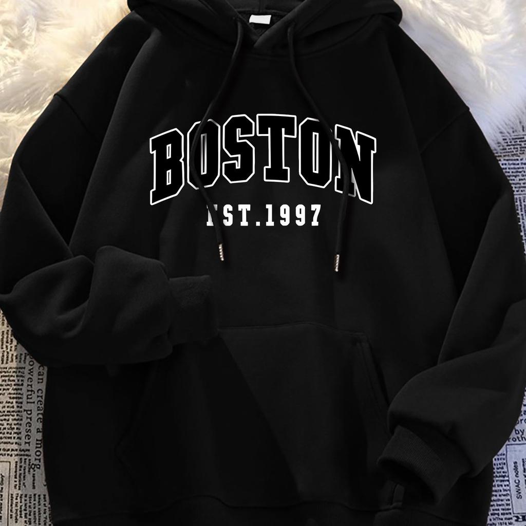 Men's Autumn and Winter Casual Fashion Loose Plus Size Boston 1997 Print Fleece Warm Long Sleeved Hooded Sweatshirt Pullover