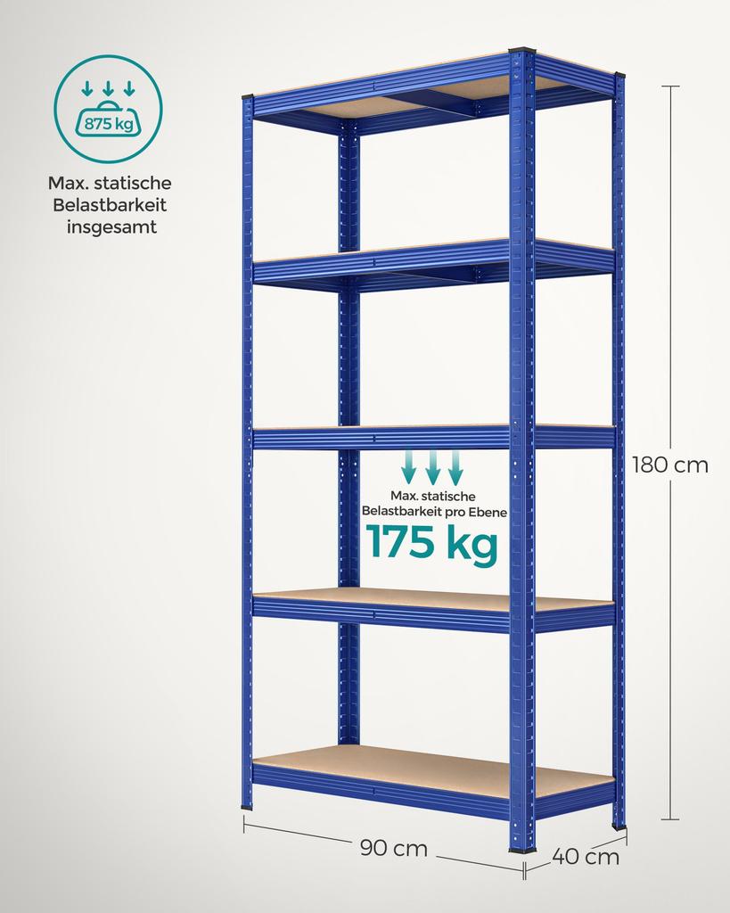 SONGMICS 5-stöckiges Regal, Stahlregal zur Lagerung, werkzeuglose Montage, für Garage, Schuppen, Tragfähigkeit 875 kg, 40 x 90 x 180 cm, Blau