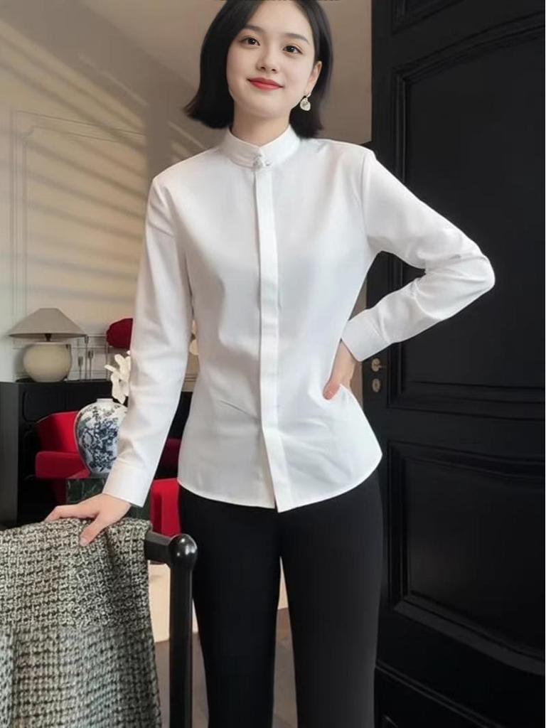 2026 Spring Women's Stand Collar White Shirt - Elegant, High-End Chinese Style Top