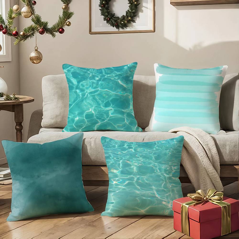 Blue Green Ocean Print Pattern Pillow Case Silky Elegant Comfort Sofa Bed  Invisible Zipper Beach Pillowcase