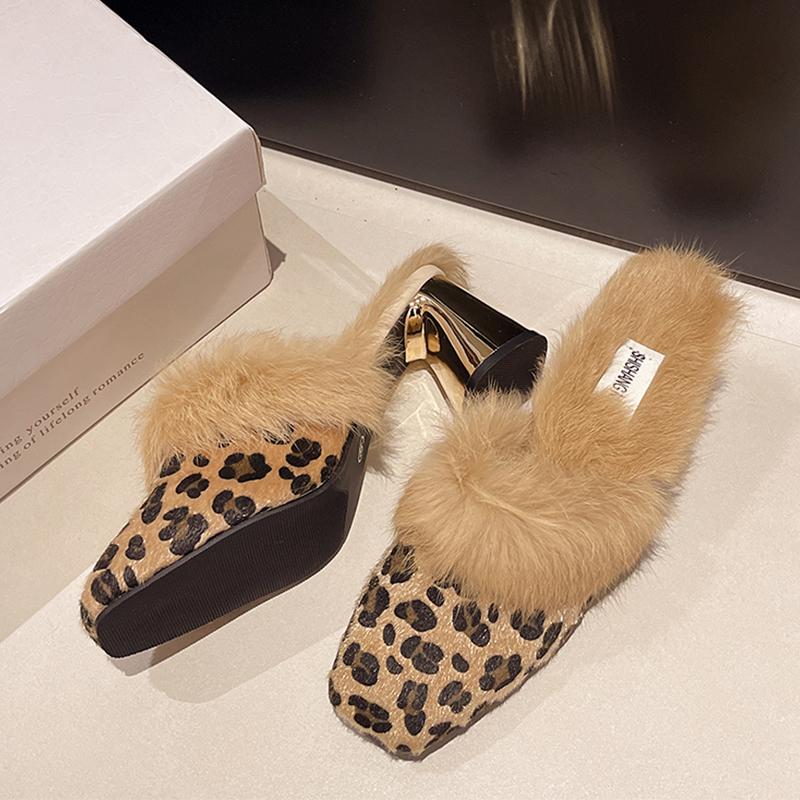 

Модные меховые женские тапочки из хлопка на высоком каблуке, модные новые элегантные туфли на толстой подошве 2025 года, зимние шлепанцы для вечеринок, туфли-лодочки, плюшевые зимние ботинки 43 леопардовый