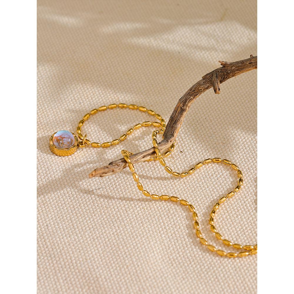 Yhpup Stainless Steel Exquisite Moonlight Stone Drop Necklace for Women High Quality Chic Chain Charm Jewelry Gift Waterproof