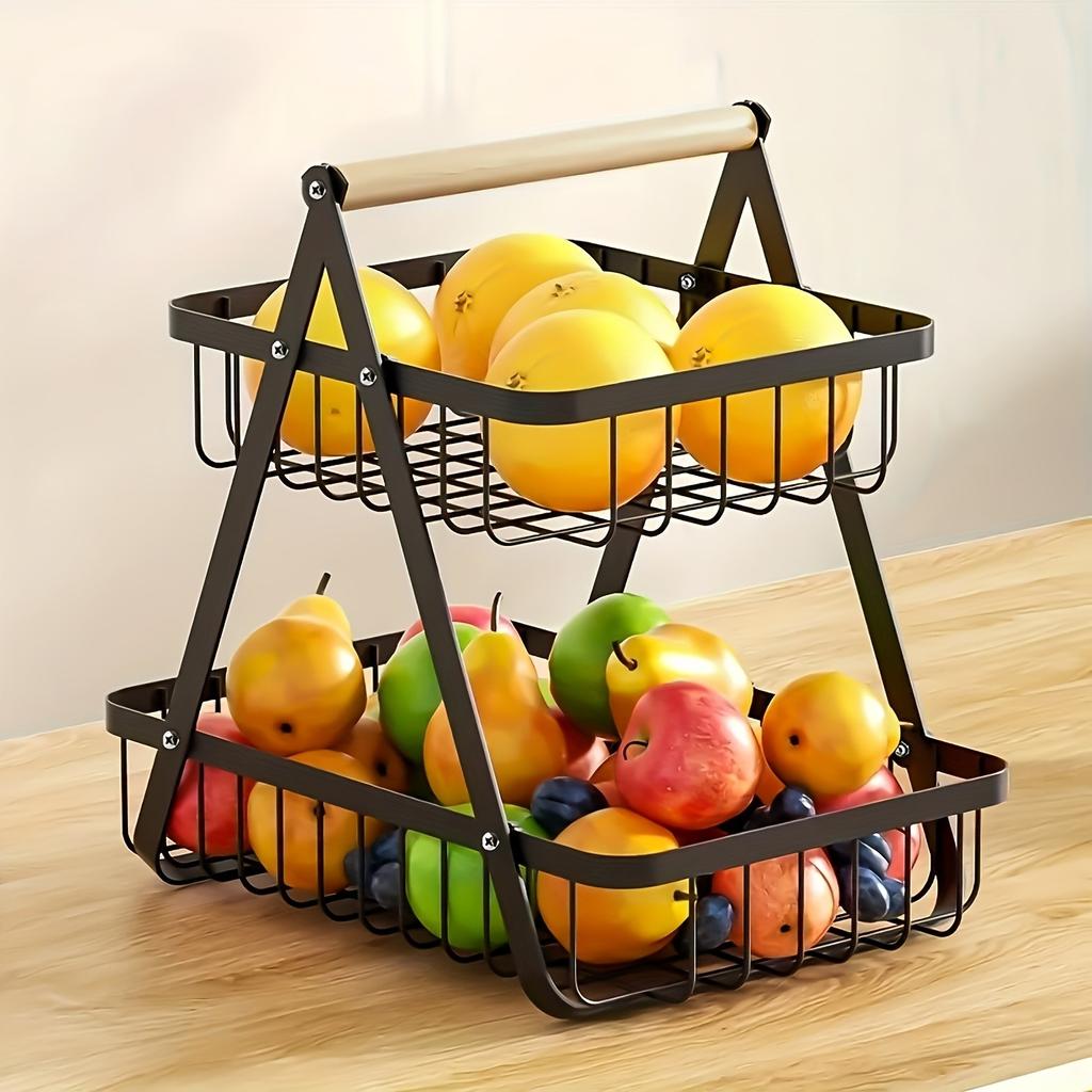 Detachable Assembly Convenient StorageWooden Handbasket Wrought Iron Fruit Basket Kitchen Living Room Storage Basket