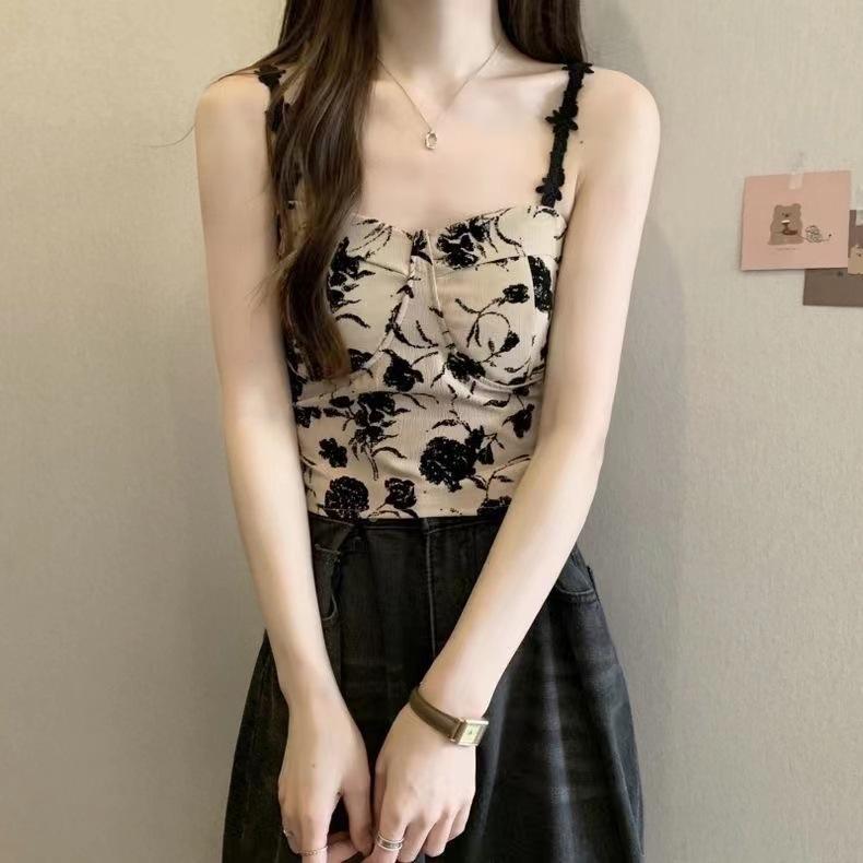 Floral Tank Top Halter Crop Tops Women Summer Camis Chest Pad Camisole Fashion Casual Tube Female Sleeveless Cropped Vest