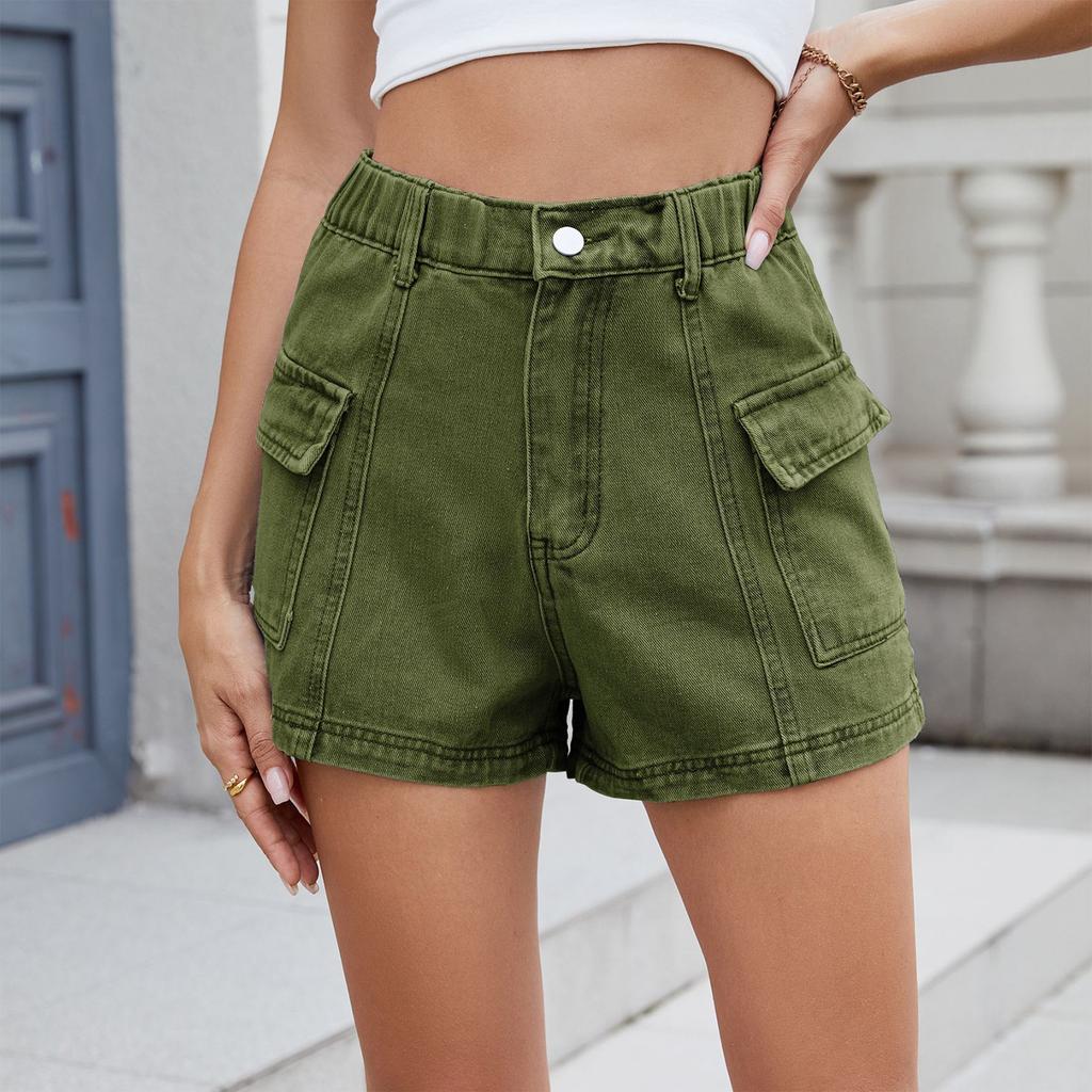 Women's Fashion Solid Color Pocket Button Pocket Elastic Waist Casual Denim Shorts