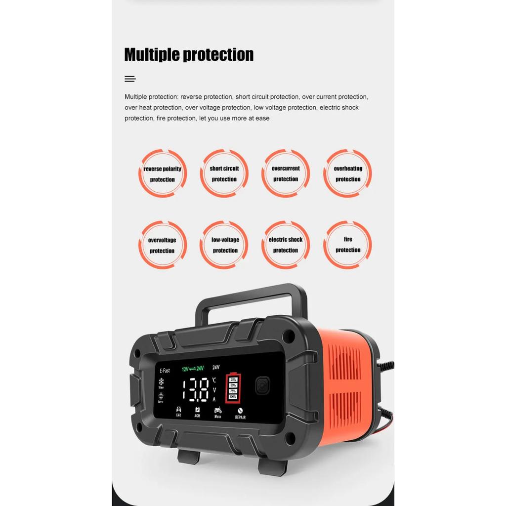 7-Segment 10A/5A/6A Car Motorcycle Charger 12V/24V Smart Charger Lithium AGM GEL Lead-Acid LiFePO4 Battery Charger for Car