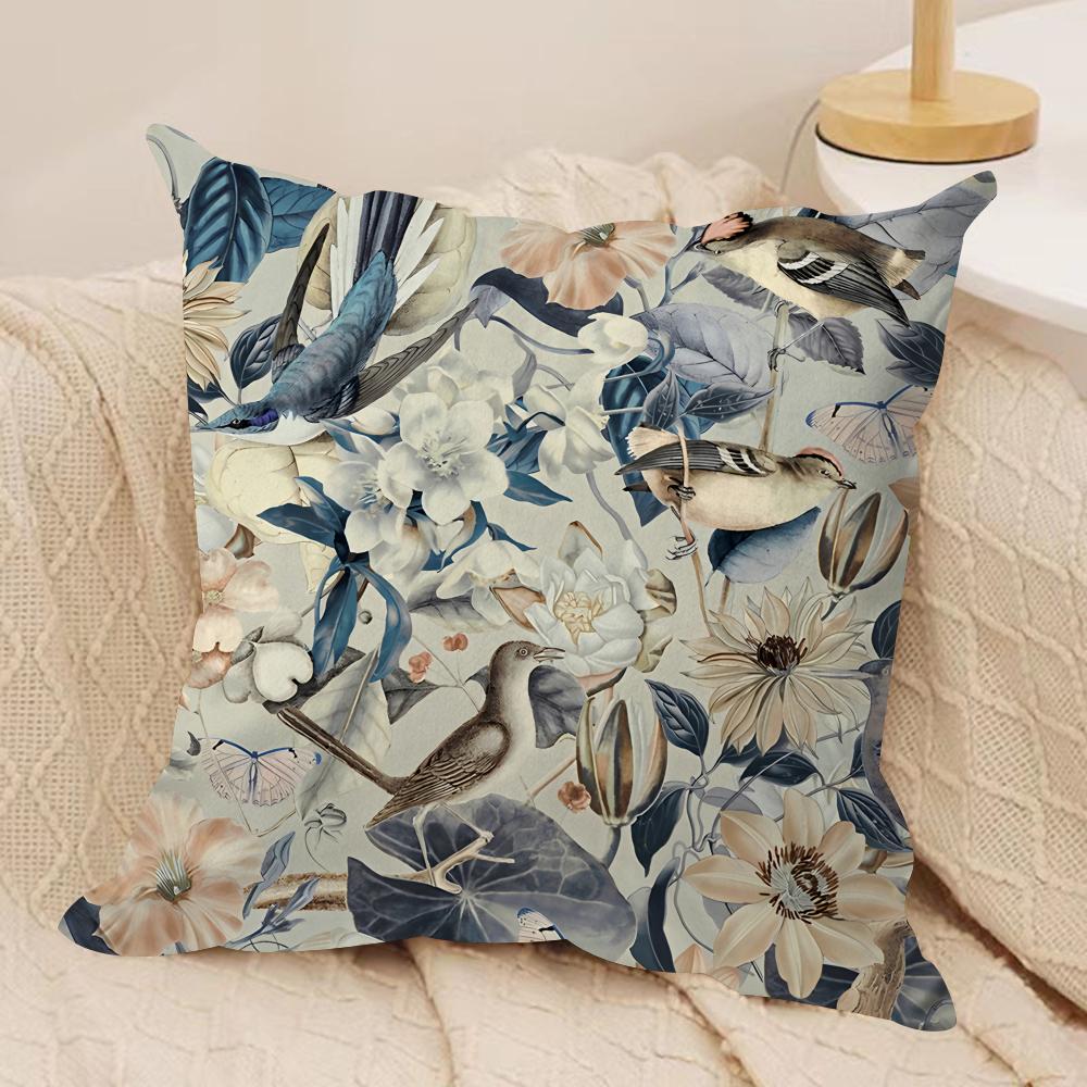 Lovely Bird Retro Cushion Cover Silky Short Plush Invisible Zipper Dustproof Sofa Pillow Case For Home Decor