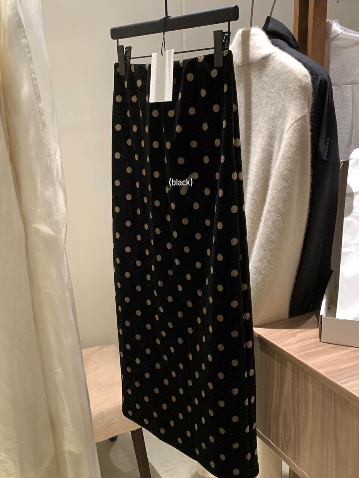 CHao s Pick! Women s Fleece-Lined Velvet Midi Skirt, Retro Polka Dot, Slimming Fit for 2025 Autumn/Winter. Large