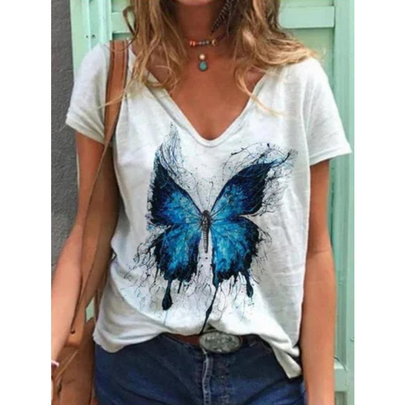 Sommer Schmetterling Libelle 3D V-Ausschnitt Bedruckt Neues Damen Top T-Shirt
