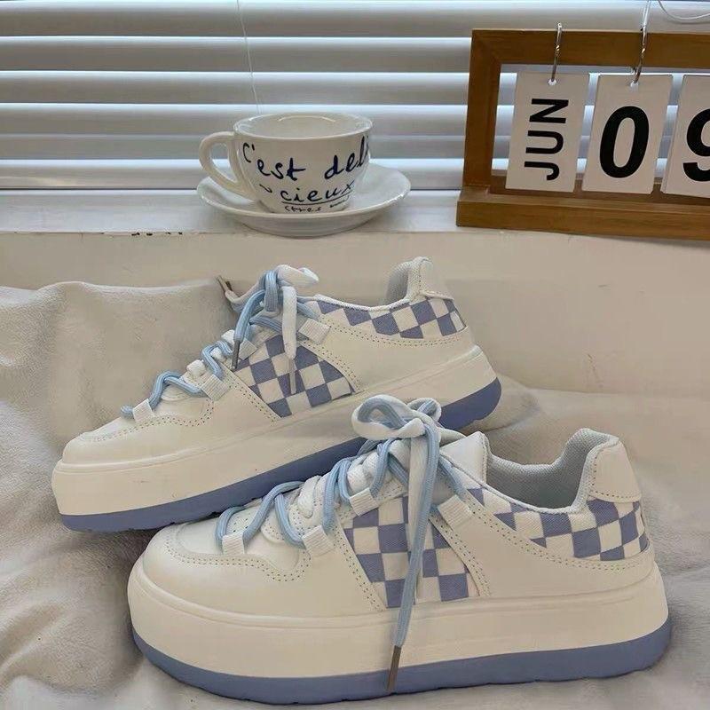 Women's Sneakers New Trendy Plaid Student Casual Sneaker All-Matching Platform White Shoes Women