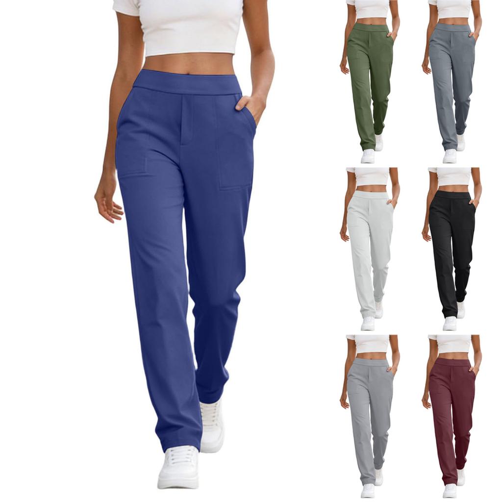 Women's Fashionable Color High Waisted Elastic Straight Leg Casual Pants With Pockets, Yoga And Fitness Pants