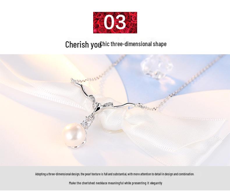 S925 Sterling Silver Elk Pendant Necklace with Freshwater Pearl - Ethnic Style Christmas Gift.