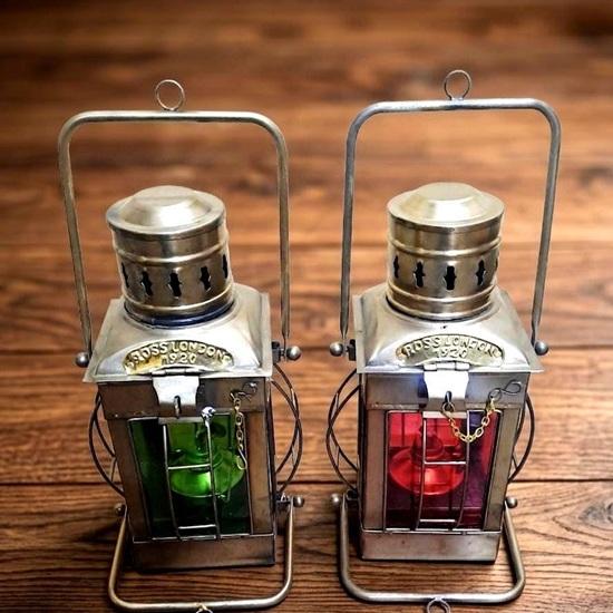 Maritime Signal Lantern Set: Nautical Brass Decor, Red Green Ship Lights