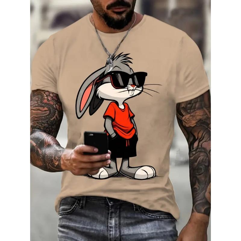 Neues Brillen tragendes Cartoon-Kaninchen Herren-T-Shirt Mode Tier- und Cartoon-Print-Design Rundhals Lässig Sport Herrenbekleidung