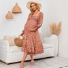 YYFS Women's Fashion Spring Fall Flower Pattern Print Long Sleeve Square Collar Loose Waistline Casual Dresses