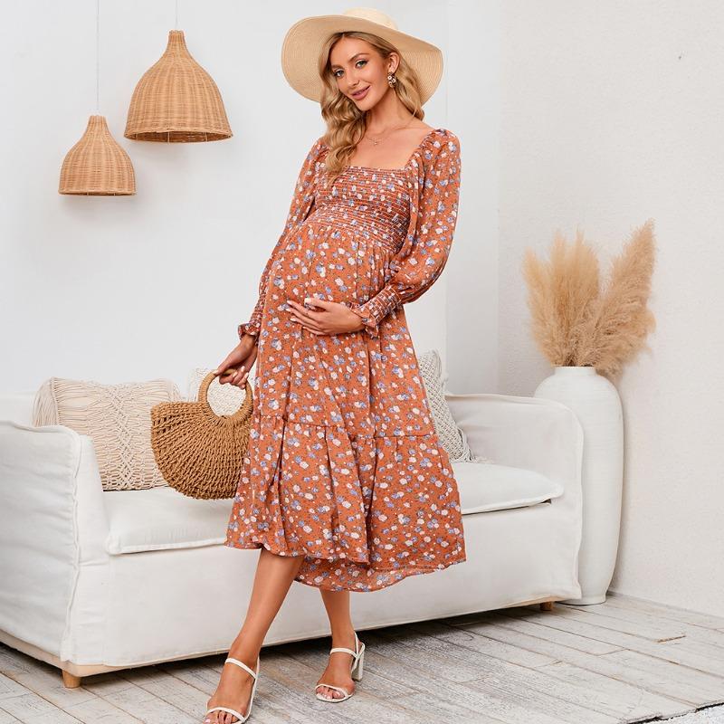 YYFS Women's Fashion Spring Fall Flower Pattern Print Long Sleeve Square Collar Loose Waistline Casual Dresses