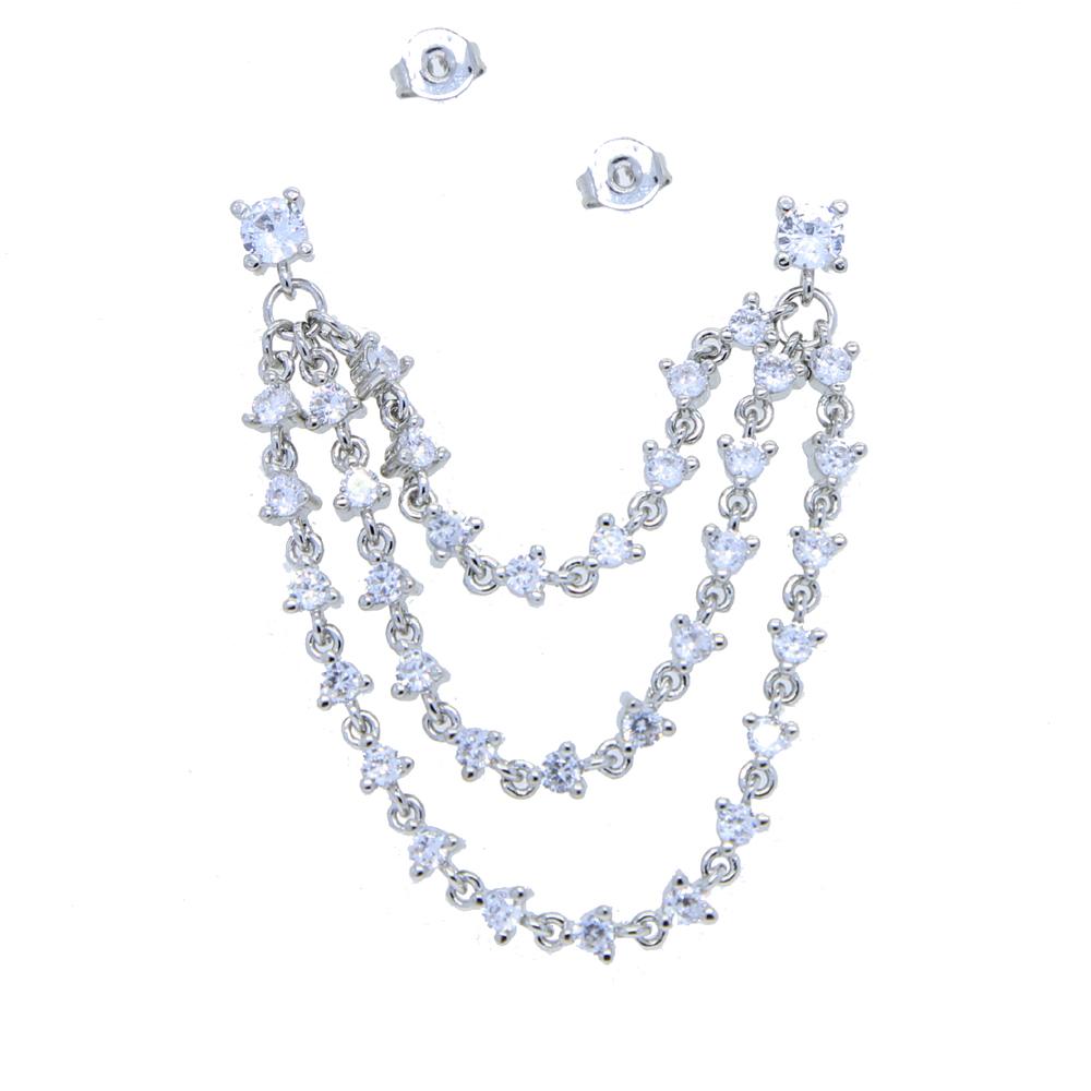 Trendy Cz Tassel Double Piercing Earring 5A Cz Link Chain Sparking Bling Multi Drop Chain Earring for Women