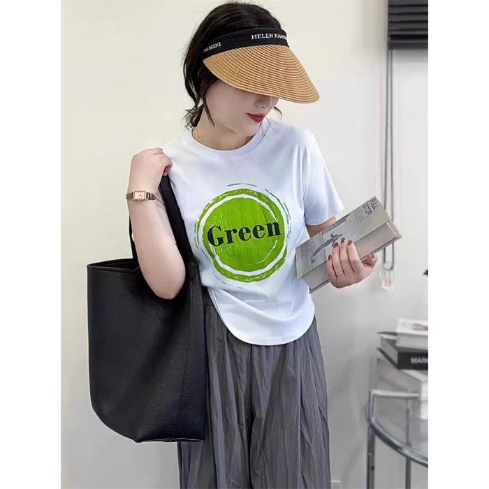 

Женская футболка с круглым вырезом и короткими рукавами в гонконгском стиле, с принтом, на лето 2025 года, простая и свободная, универсальная, с изогнутым низом S