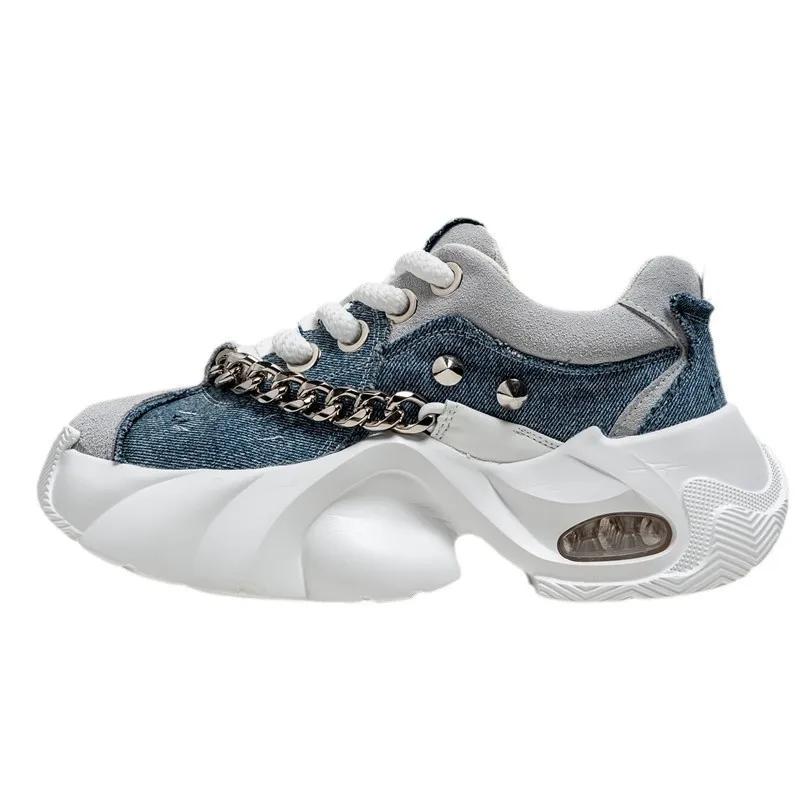 Fashion Men's Shoes  Autumn New Trendy Thick Soled Height Increasing Shoes Wear-resistant Metal Chain Tie Comfort Rivet Sneakers 2025