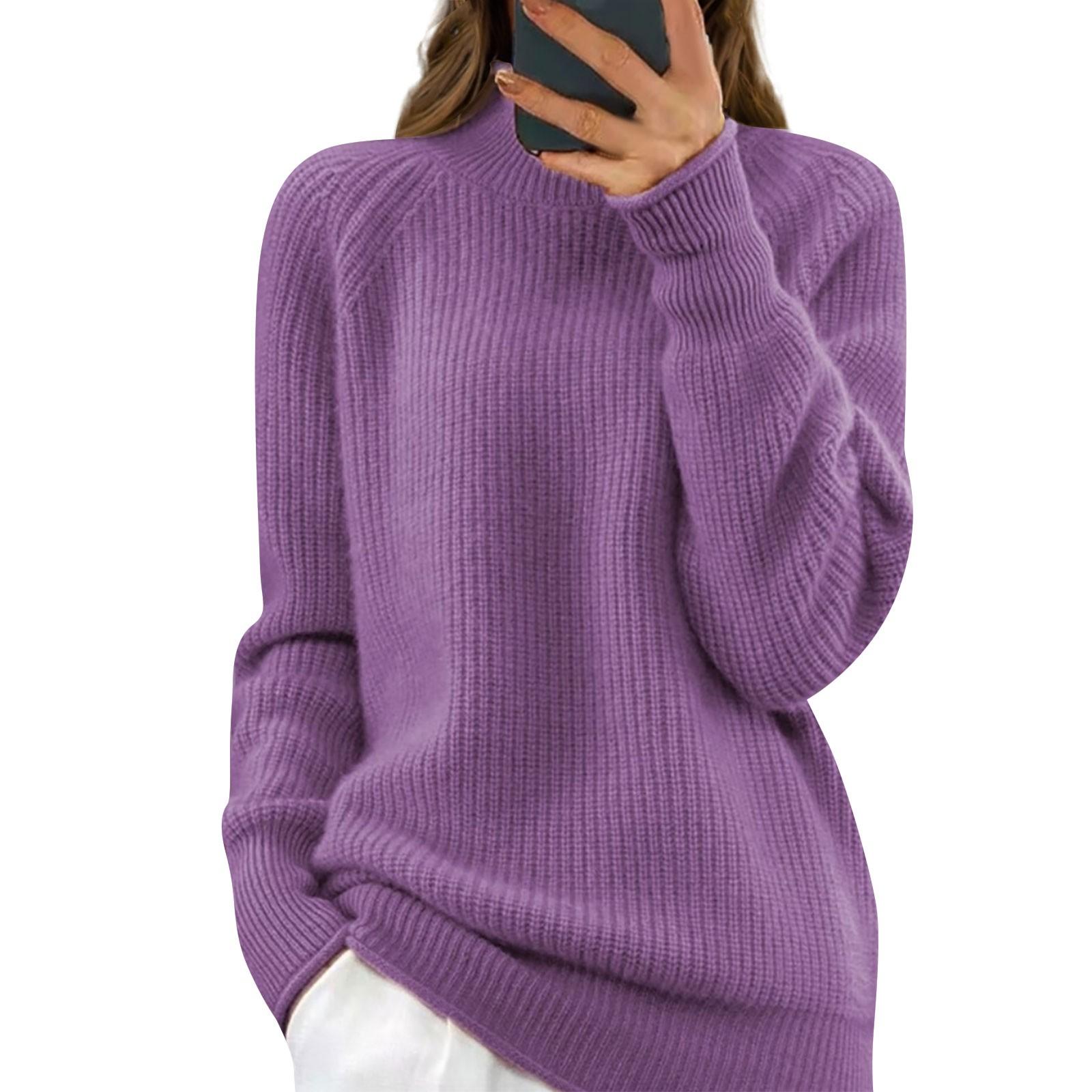 

Женский модный круглый вырез однотонный вязаный свитер топ пуловер повседневный свитер XL фиолетовый