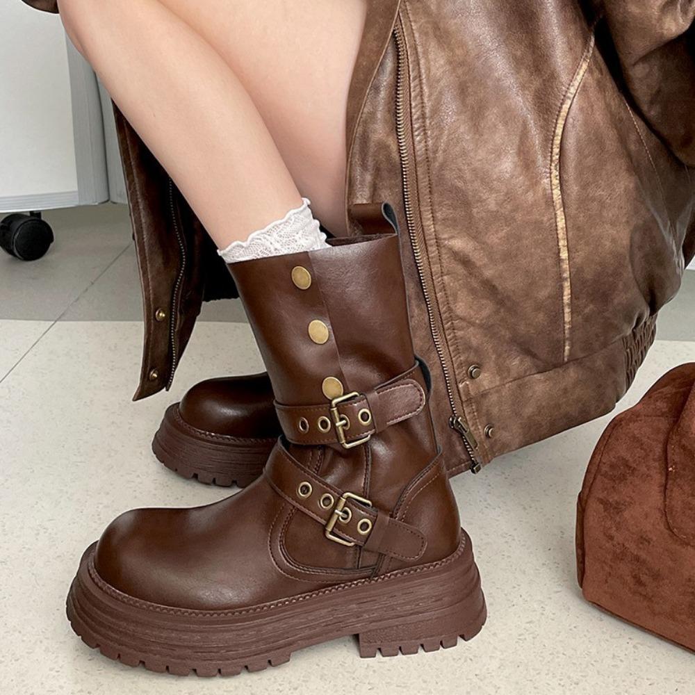 Brown Retro Thick Heel Thick Soled Boots For Women Spring Autumn New Style Slimming And Height Increasing Mid Rise Boots Womens
