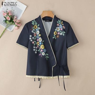 Women Casual V-Neck Summer Short Sleeve Floral Blouse