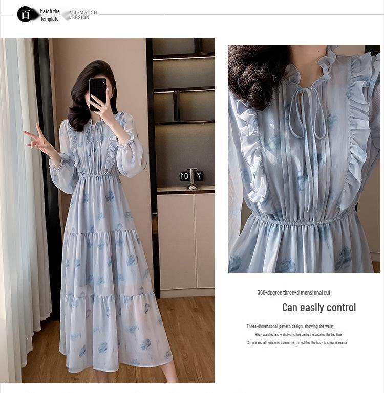Spring French Luxury Long Chiffon Dress with Korean Ruffles and Elastic Waist for Women